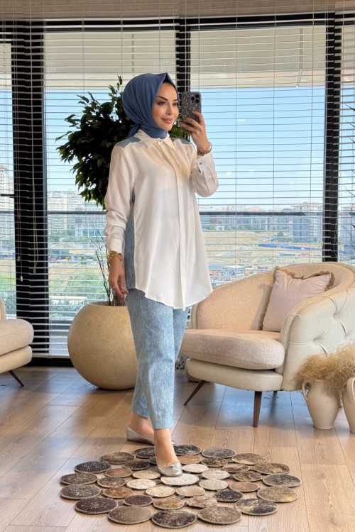 25435 Omuz Yan Ve Pantolonu Kot Takım Beyaz Mavi