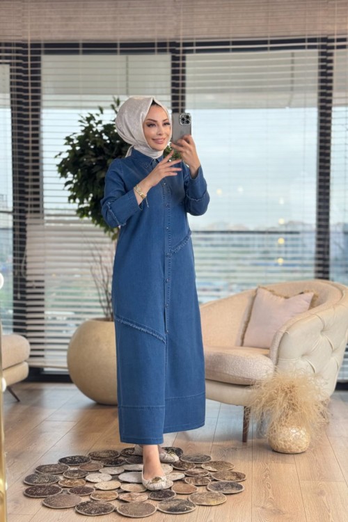 2544 Tencel Önü Parçalı Pardesü Mavi
