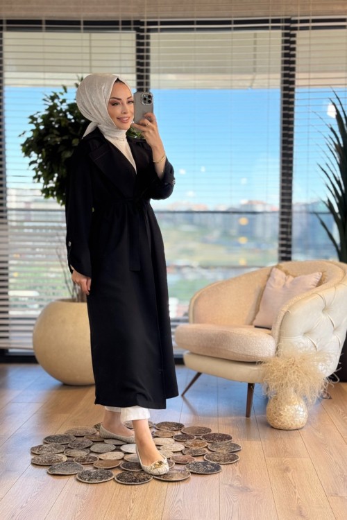 2545 Şömize Yaka Kolu Apoletli Kap Siyah