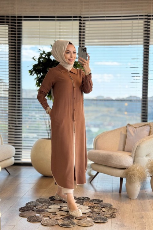 2546 Kombinli Tencel Şanel Pardesü Taba
