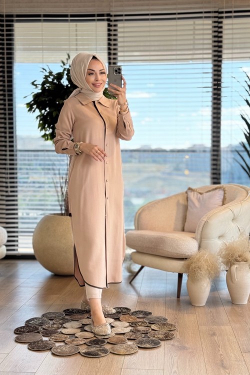 2546 Kombinli Tencel Şanel Pardesü Bej