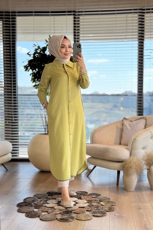 2546 Kombinli Tencel Şanel Pardesü Yağ Yeşili