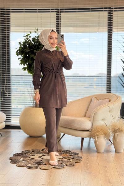 2547 Tencel Kuşaklı Takım Kahve