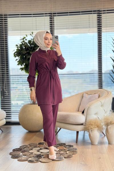 2547 Tencel Kuşaklı Takım Mürdüm