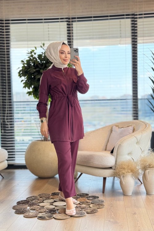 2547 Tencel Kuşaklı Takım Mürdüm