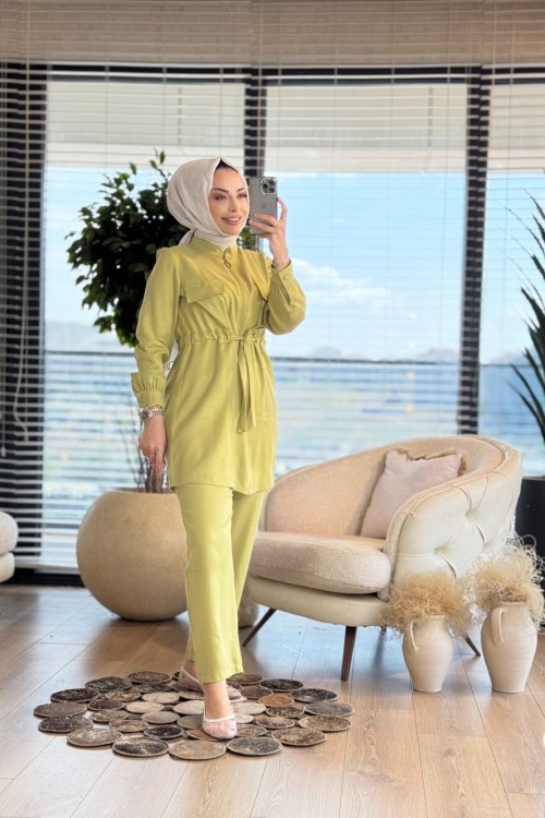 2547 Tencel Kuşaklı Takım Fıstık Yeşili