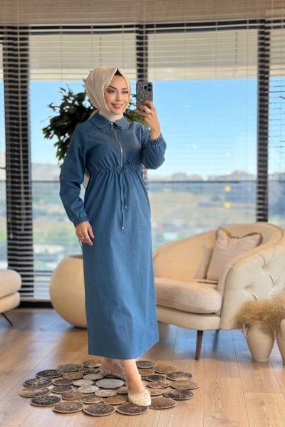 2548 Tencel Roba Dikişli Patı Fermuarlı Elbise Mavi