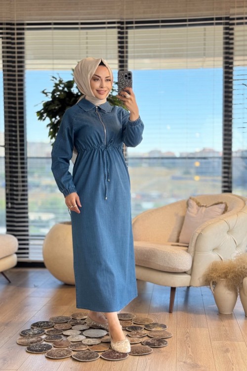 2548 Tencel Roba Dikişli Patı Fermuarlı Elbise Mavi