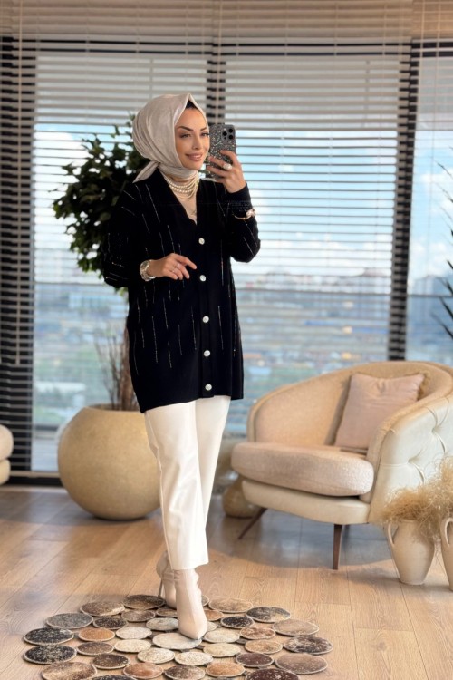 255 Taş Şeritli Hırka Siyah