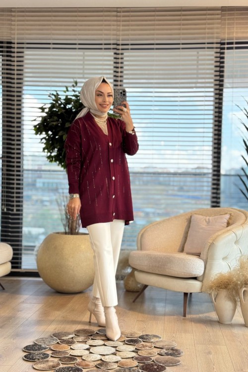 255 Taş Şeritli Hırka Bordo