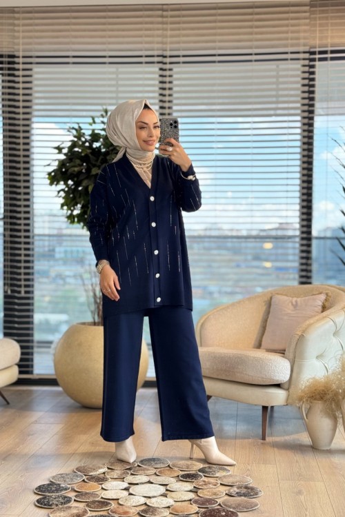 255 Taş Şeritli Hırka Lacivert