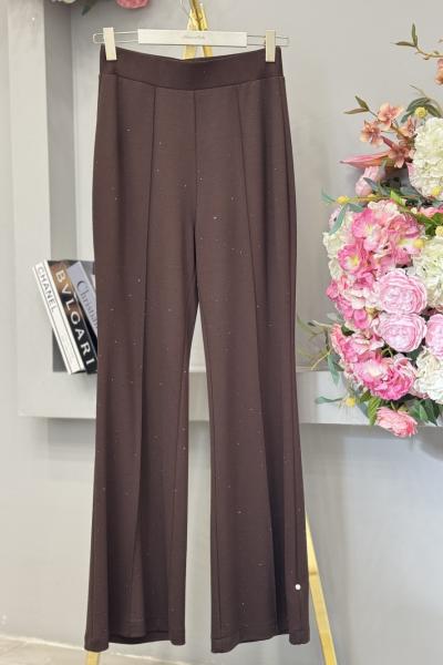 25547 Önü Taş Baskılı İspanyol Paça Pantolon Kahve