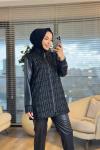 25552 Kare Desenli Kolları Derili Ceket Siyah