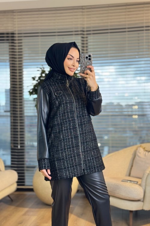 25552 Kare Desenli Kolları Derili Ceket Siyah