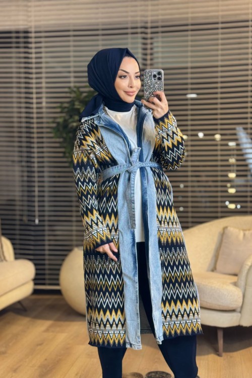 25560 Renkli Uzun Kot Triko Hırka Mavi Sarı
