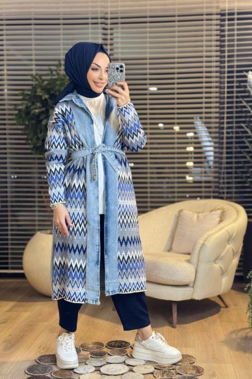 25560 Renkli Uzun Kot Triko Hırka Mavi Saks
