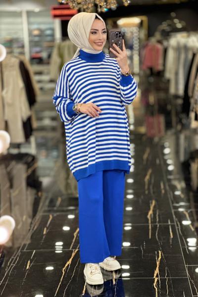 2558 Çizgili Triko Tunik Saks