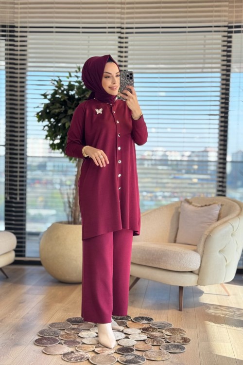 2560 Hırkalı Triko Takım Bordo