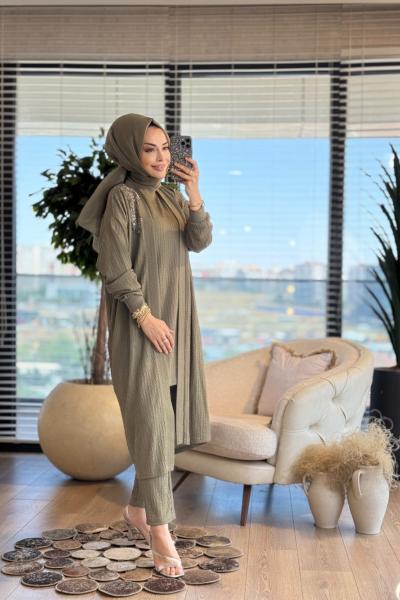 25602 Gofre Sol Omuz Boncuk İşli 3lü Takım Haki