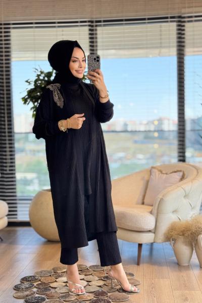 25602 Gofre Sol Omuz Boncuk İşli 3lü Takım Siyah