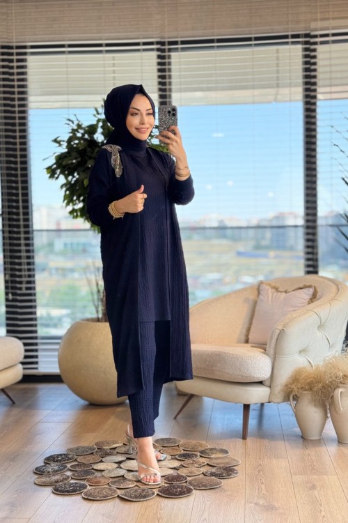 25602 Gofre Sol Omuz Boncuk İşli 3lü Takım Lacivert