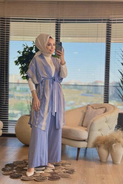 25604 Üstü Motif Nakışlı 3lü Takım İndigo