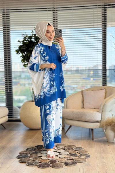 2563 Çiçek Ve Kuş Desenli Takım Ekru Saks