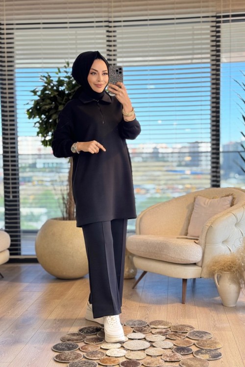 2564 Patı Fermuarlı Polo Yaka Takım Siyah