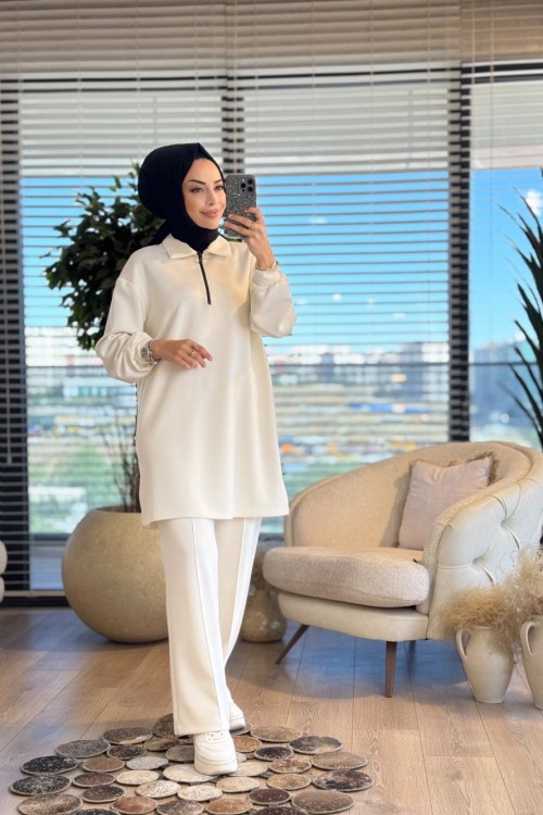 2564 Patı Fermuarlı Polo Yaka Takım Ekru