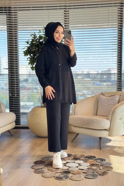 2569 Kanguru Cepli Taş Baskılı Triko Takım Siyah