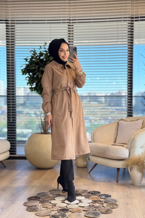 2569 Yakası Lastikli Süet Pardesü Bej