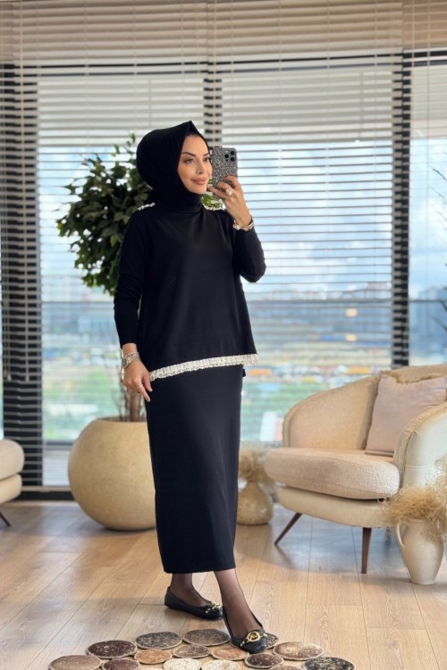 257 Omuzu İncili Dantelli Triko Etekli Takım Siyah