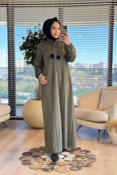 2571 Kolu Şeritli Süet Pardesü Haki