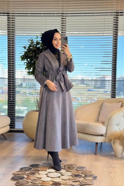 2573 Süet Beli Kuşaklı Etekli Takım Antrasit