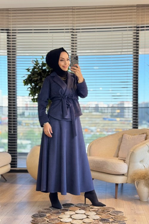 2573 Süet Beli Kuşaklı Etekli Takım Lacivert