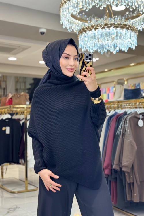 2574 Asimetrik Triko Tunik Siyah