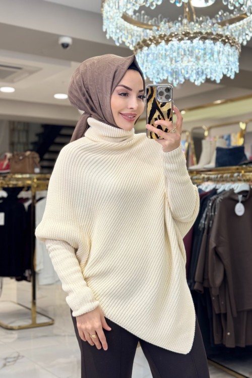 2574 Asimetrik Triko Tunik Ekru