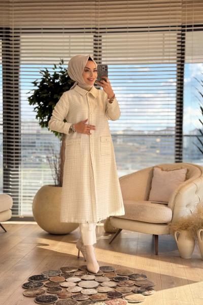 2574 Şanel Ekose Kap Ekru