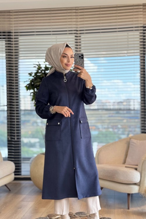 2575 Süet Önden Cepli Fermuarlı Kap Lacivert