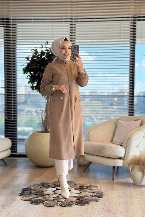 2575 Süet Önden Cepli Fermuarlı Kap Latte