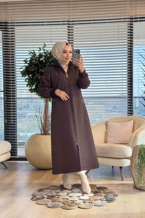 2578 Kraş Kapitoneli Kapşonlu Kaban Kahve