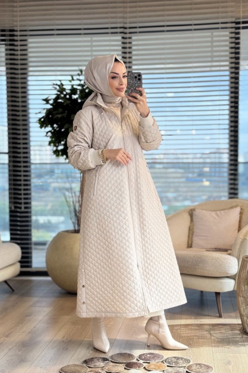 2578 Kraş Kapitoneli Kapşonlu Kaban Bej