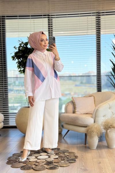 2579 Verev Garnili Gömlek Beyaz Pembe