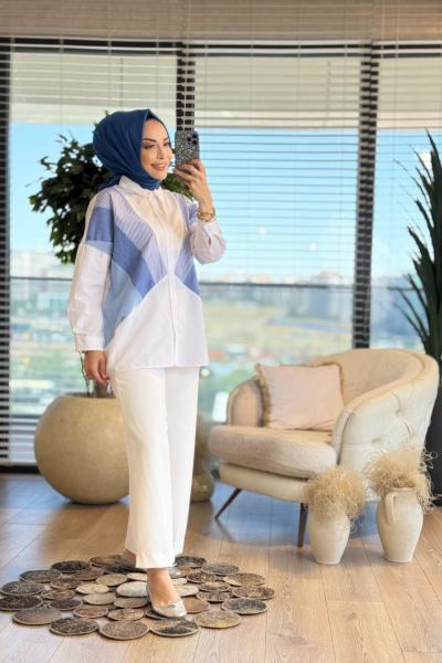 2579 Verev Garnili Gömlek Beyaz Mavi