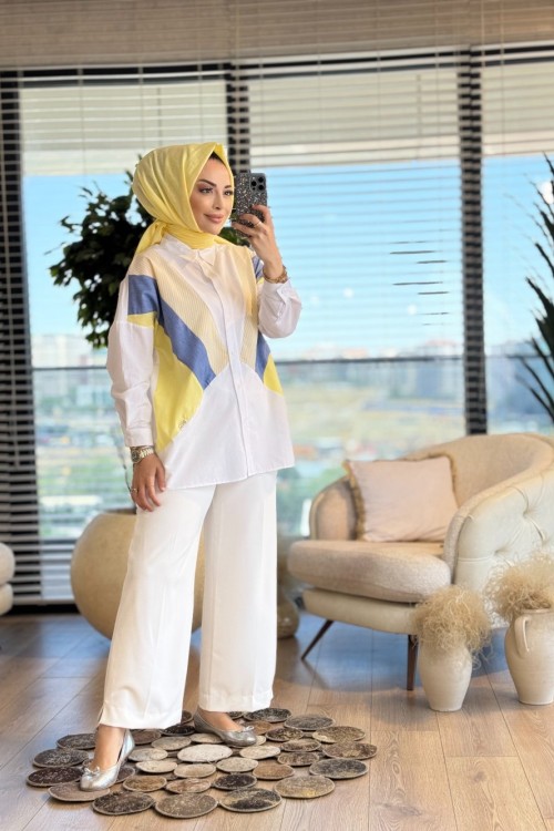2579 Verev Garnili Gömlek Beyaz Sarı