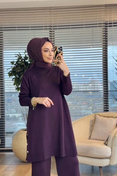 2583 Yanları Düğmeli Triko Takım Mürdüm