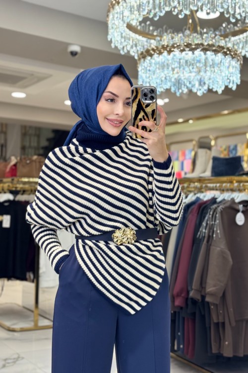 2589 Çizgili Asimetrik Triko Tunik Lacivert