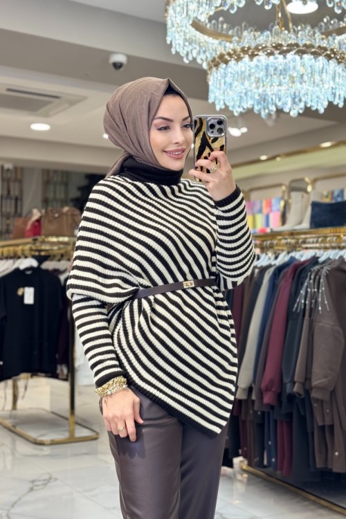 2589 Çizgili Asimetrik Triko Tunik Kahve