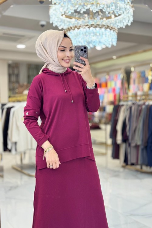 2597 Kapşonlu Etekli Triko Takım Bordo