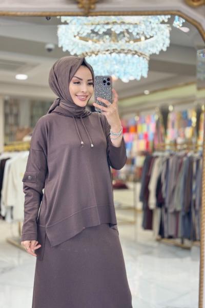 2597 Kapşonlu Etekli Triko Takım Kahve